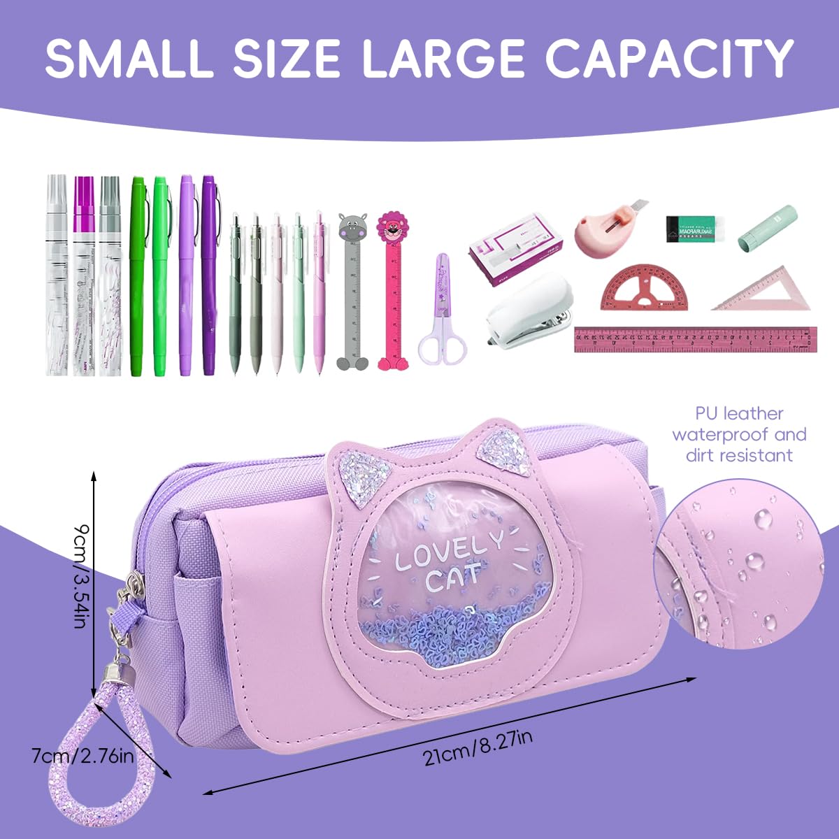 Zibuyu Pencil Pouch for Schoolgirls with Double Layer Zipper and Cute Purple Kitty Design