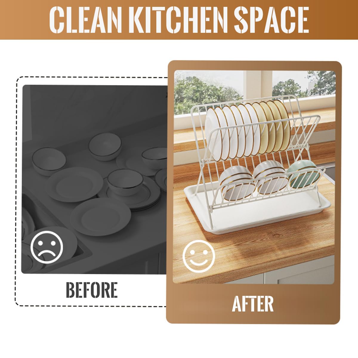 HASTHIP Dish Drying Rack for Kitchen with 2 Tier X Shaped Design and Stainless Steel | Foldable White Drainer with Drainboard