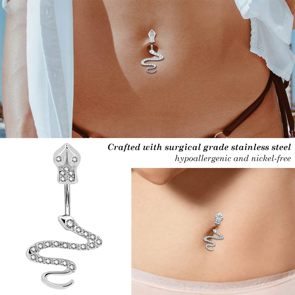 MAYCREATE Snake Belly Button Rings for Women with CZ Crystal Snake Design 14g Silver Jewelry