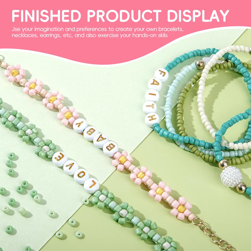 SANNIDHI Seed Beads Set for DIY Bracelet Making with 7200pcs 24 Colors Glass Beads | Letter and Spacer Charms Kit
