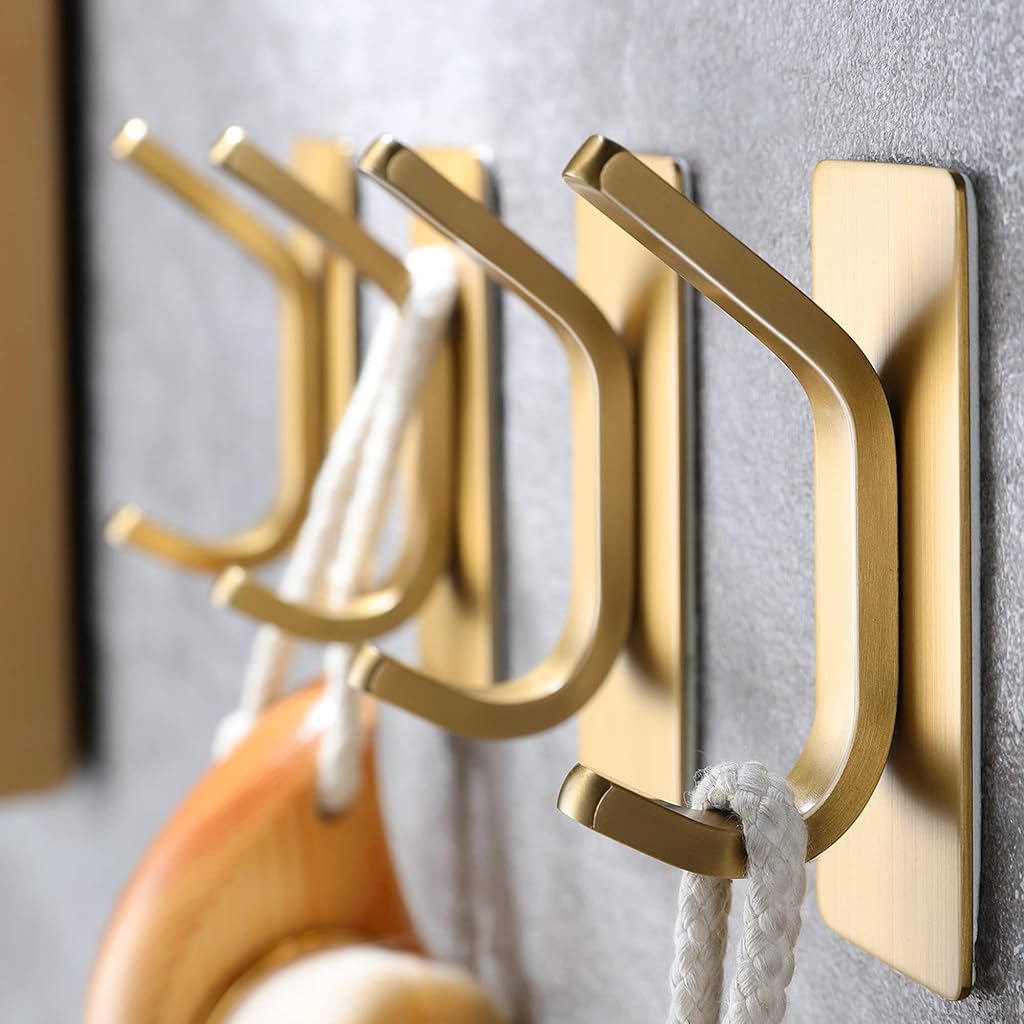 Supvox Wall Hooks for Kitchen Bathroom and Entry featuring Dual Hook Design | 4Pcs Golden Stainless Steel No Drill Adhesive