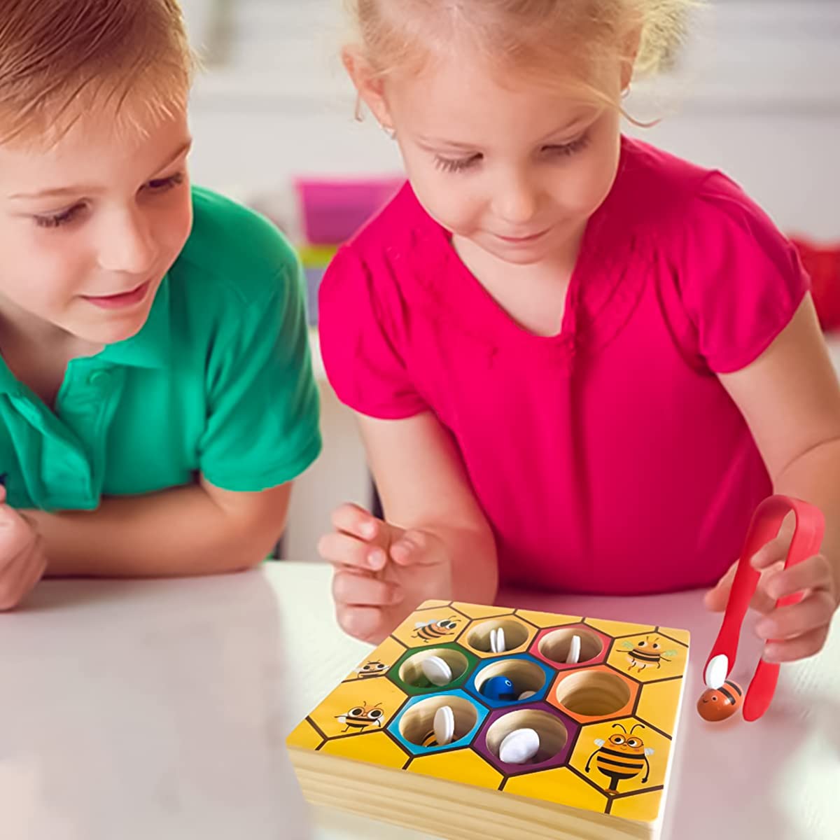 PATPAT Color Sorting Toys for 1 Year Old, Wooden Toys for Kids, Bee to Hive Matching Toy, Fine Motor Skills Toy Montessori Toys Sensory Toys for Kids, Busy Board for Toddlers 1-3, Children's Day Gift