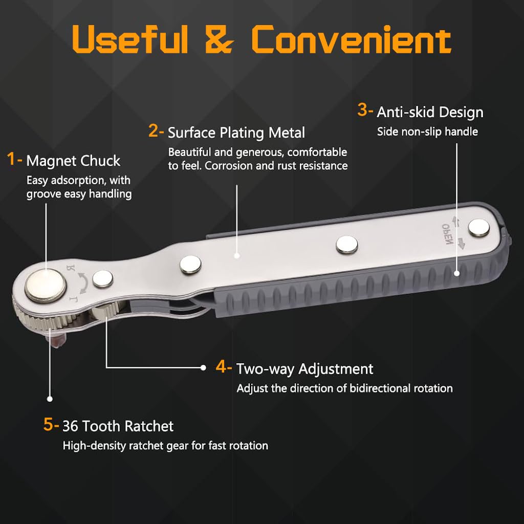 Serplex® Handy Ratchet Wrench Set 1/4 Inch Drive Ratchet Wrench with 4 Screwdriver Bits High Torque Reversible Ratchet Wrench with with Phillips, Slotted, Hex, Torx for Tight Spaces