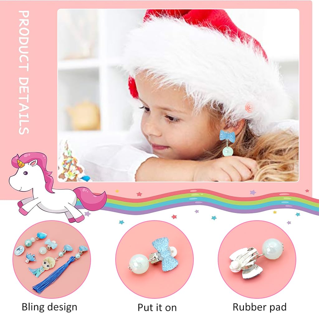 SANNIDHI Girls Clip-on Earrings Set for Dress Up with Soft Pad Grip | 6 Pairs Princess Elsa Jewelry Gift