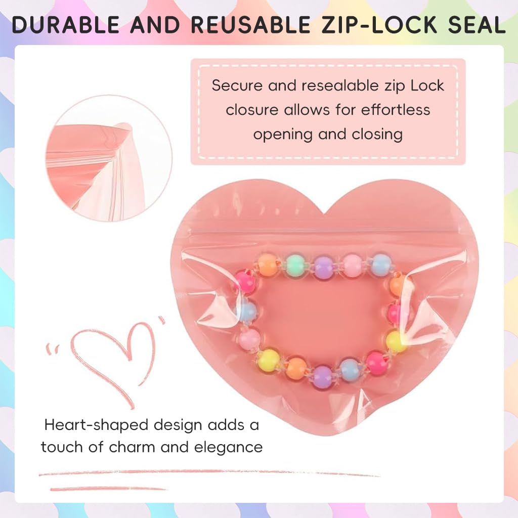 ZIBUYU Ziplock Pouch 200 pcs for Jewelry and DIY Crafts with Reusable Seal 10x10 cm | Pink Heart Design