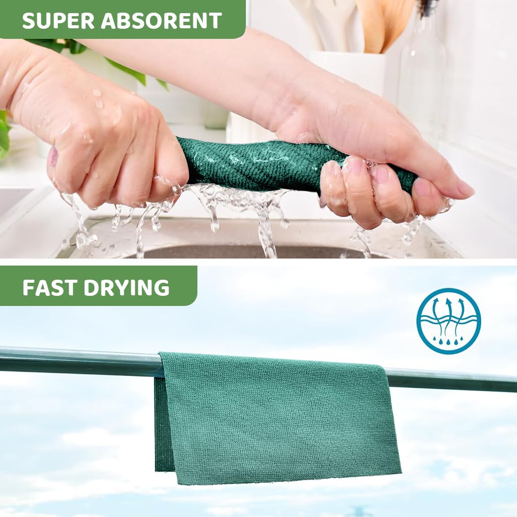 HASTHIP Microfiber Cleaning Cloth for Kitchen with Pre Cut Tear Away Design 15 Count 25x60cm Green