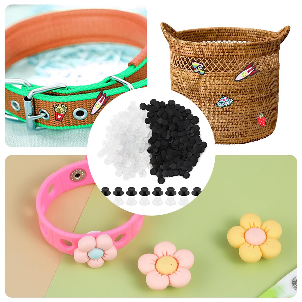 HASTHIP Clog Charm Backings for DIY Shoe Charms with 12mm Base and 8mm Stopper | 100Pcs Black and White Plastic Buttons