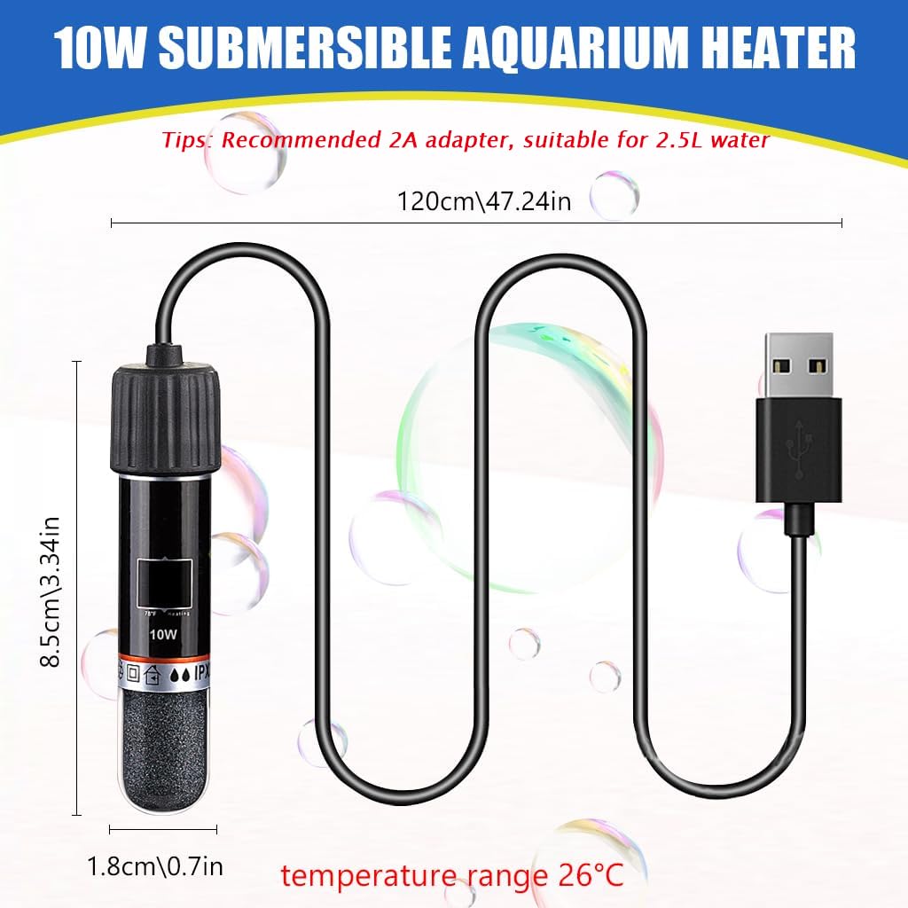 HASTHIP Mini Tank Heater for Small Betta Aquariums with USB Plug featuring 10W 26°C Control