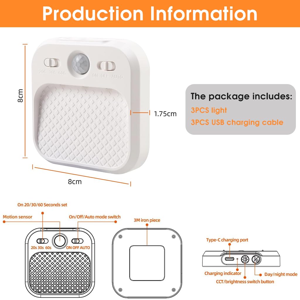 ELEPHANTBOAT Motion Sensor LED Night Light for Bedroom and Stairs with 3 Color Modes featuring Magnetic Mount | Rechargeable 3Pcs Set