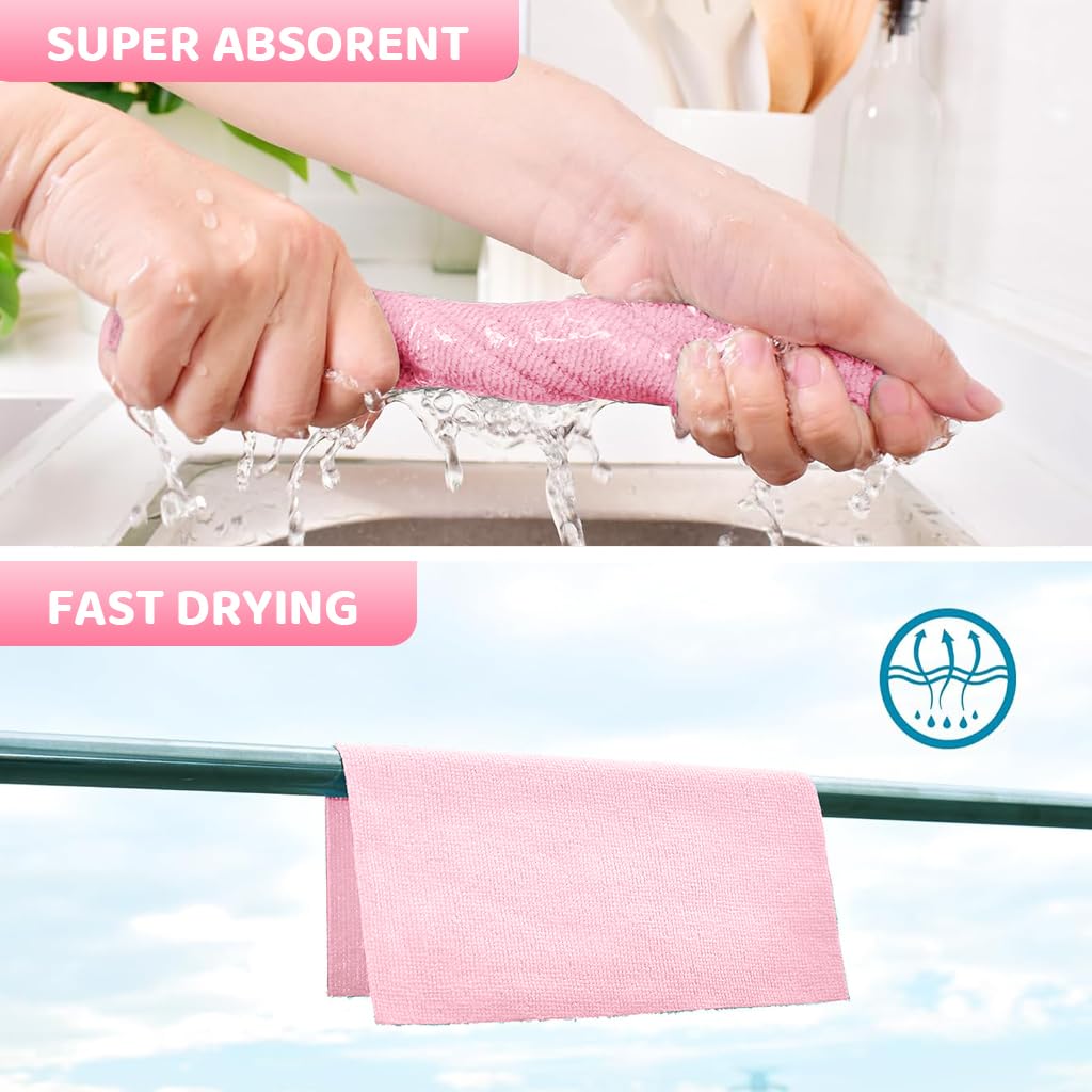 HASTHIP Microfiber Cleaning Cloth for Kitchen with Pre Cut Tear Away Design 15 Count 25x60cm Pink