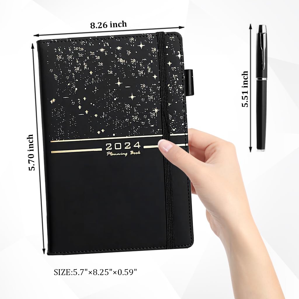 ZIBUYU A5 Diary Planner for 2024 with Refillable Pages and Elastic Closure | Black PU Leather Journal for Men