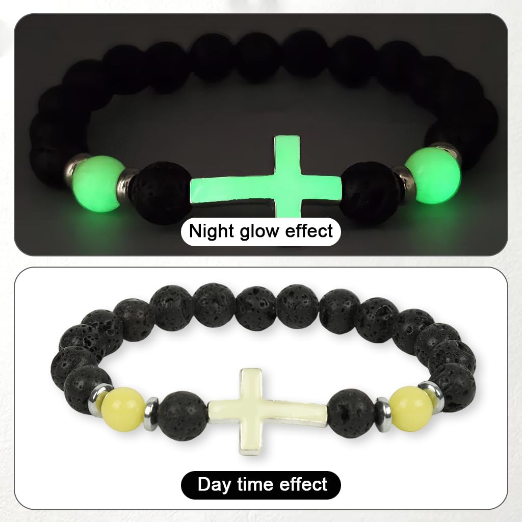 PROBEROS Bracelet for Man with Luminous Cross Beads and Natural Volcanic Stone | Unisex Stretch Design