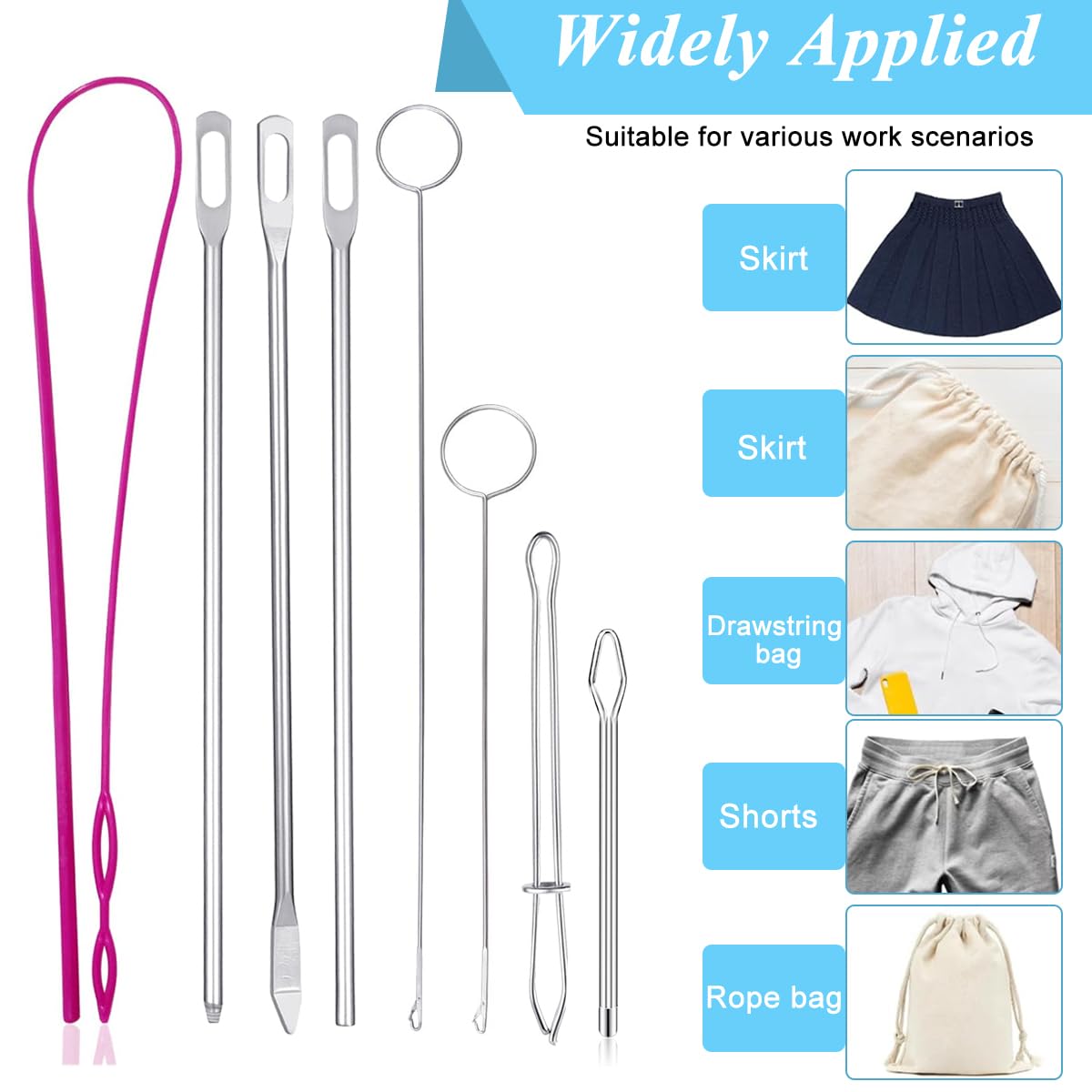 HASTHIP Drawstring Threader Tool Set for Sewing and Crafts with 8 Pcs 22cm Metal Hooks | Stainless Steel Loop Turner and Flexible Plastic Threader