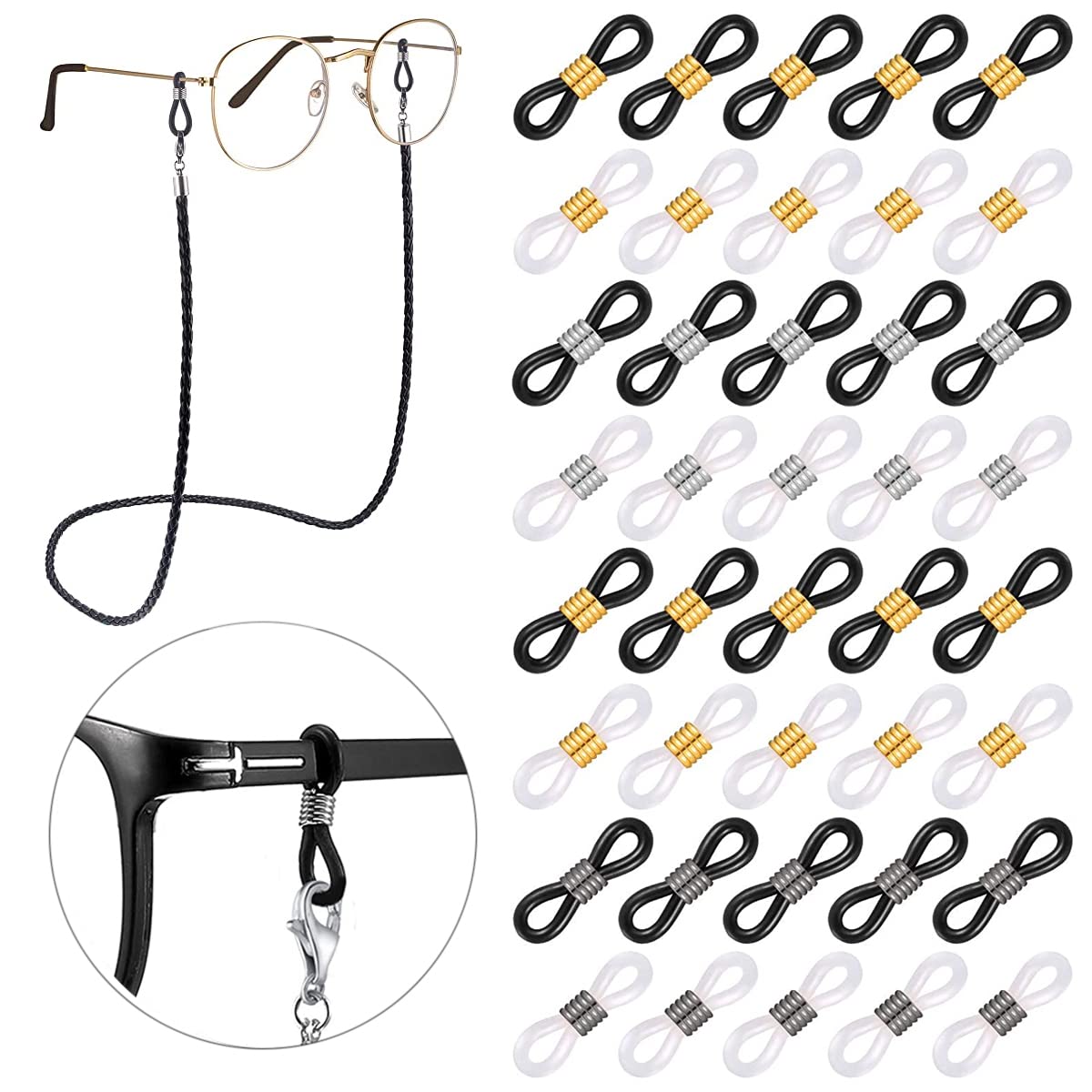 HASTHIP® 40pcs Eyeglasses Chain Hook Attachment Rubber Ends, Glasses Spectacles Chain Retainer Ends Sunglasses Strap Holder Loop Connectors