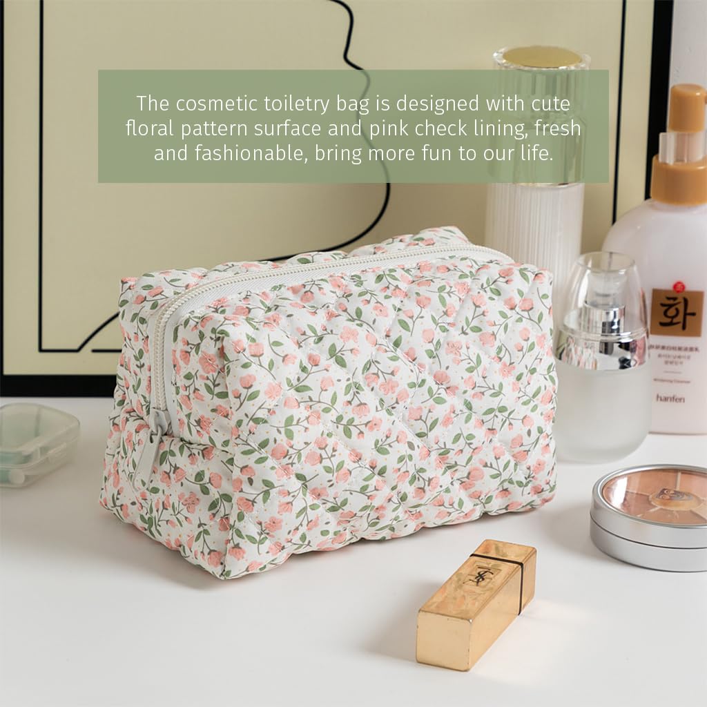 ZIBUYU Quilted Floral Cosmetic Pouch for Travel and Daily Use with Secure Zipper | Cotton Organizer Bag for Women