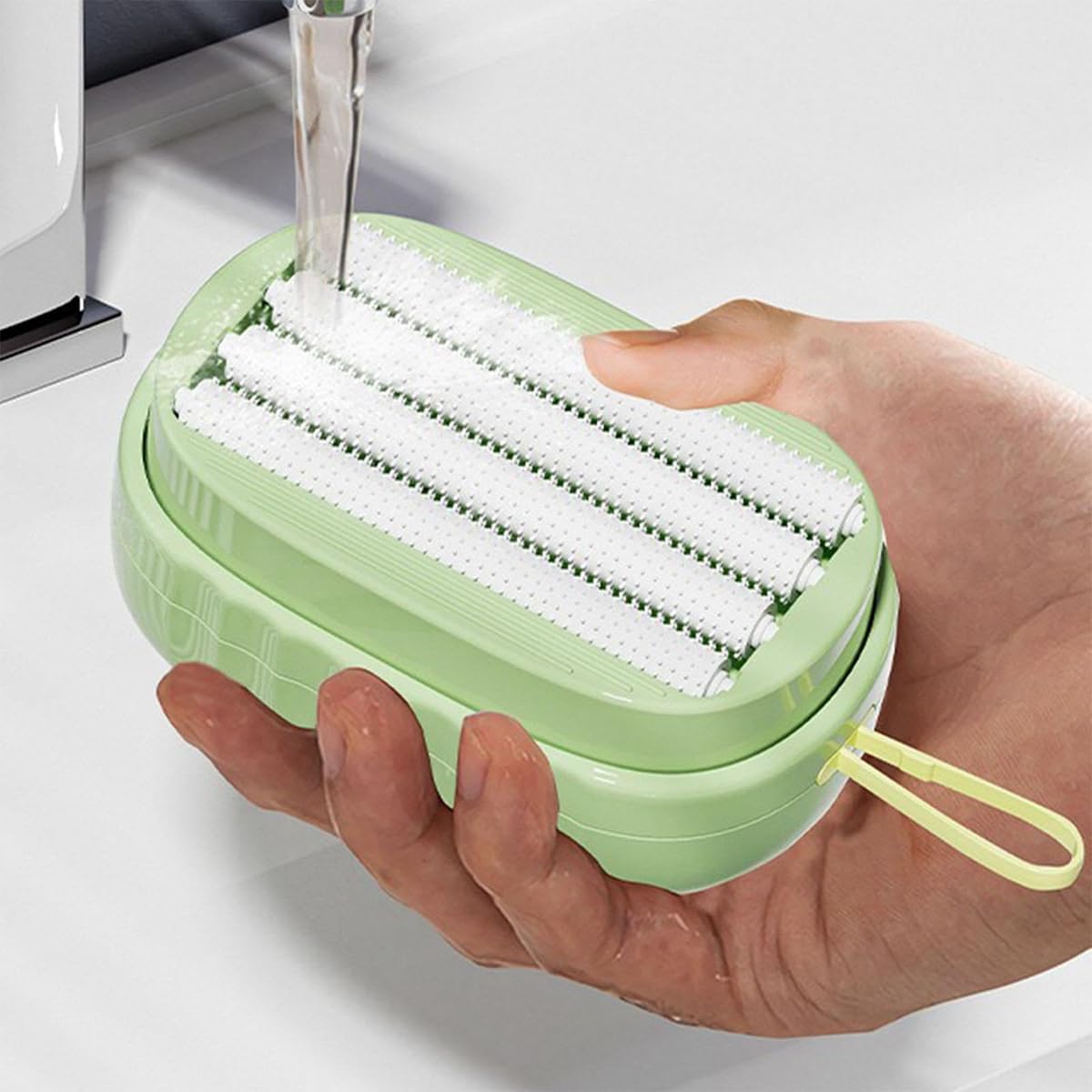HASTHIP Laundry Brush for Delicate Fabrics with Liquid Detergent Dispenser and Soft Rubber Rollers