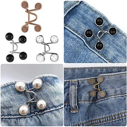 SANNIDHI® 6 Pack Detachable Jeans Button Pins, Instant Adjustable Waist Buckle for Loose Jeans, Pearl Crystal Jeans Waist Adjuster Tightener for Pants, Skirt (No Sew Required)