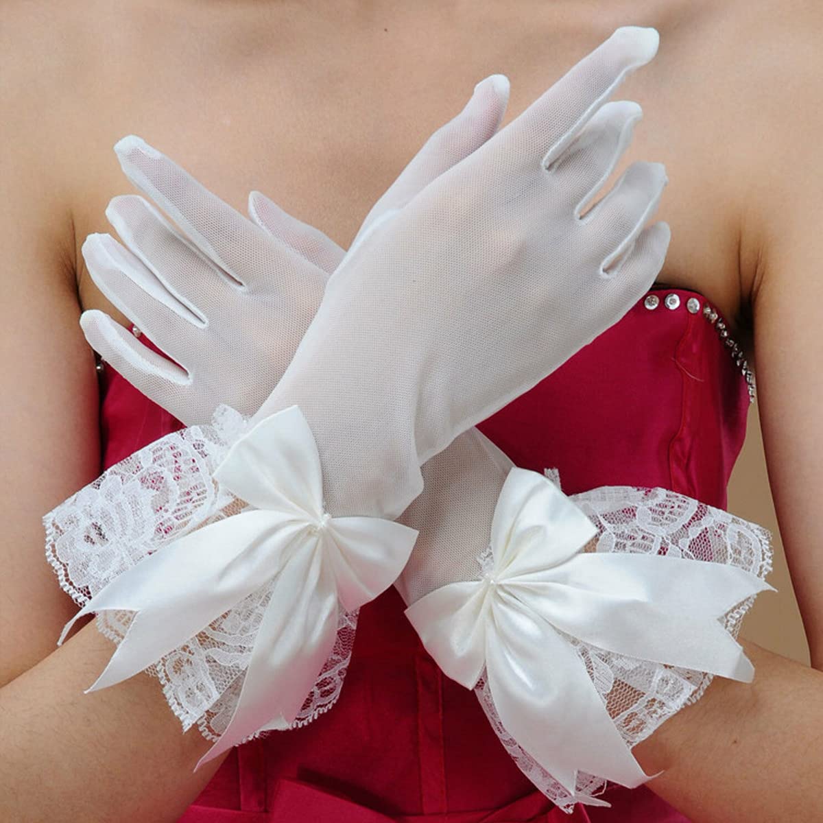 PALAY Lace Gloves for Women Girls, Butterfly Bow White Gloves for Wedding, Elegant Bridal Gloves Short Mittens for Party Formal Banquet Photography(1 Pair)