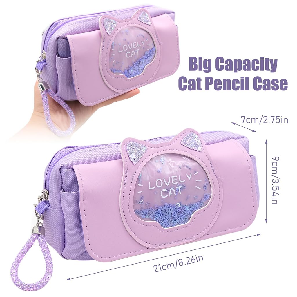 Zibuyu Cute Cat Kawaii Pencil Case for School with Quicksand Glitter and Handle | Purple PU Leather Organizer