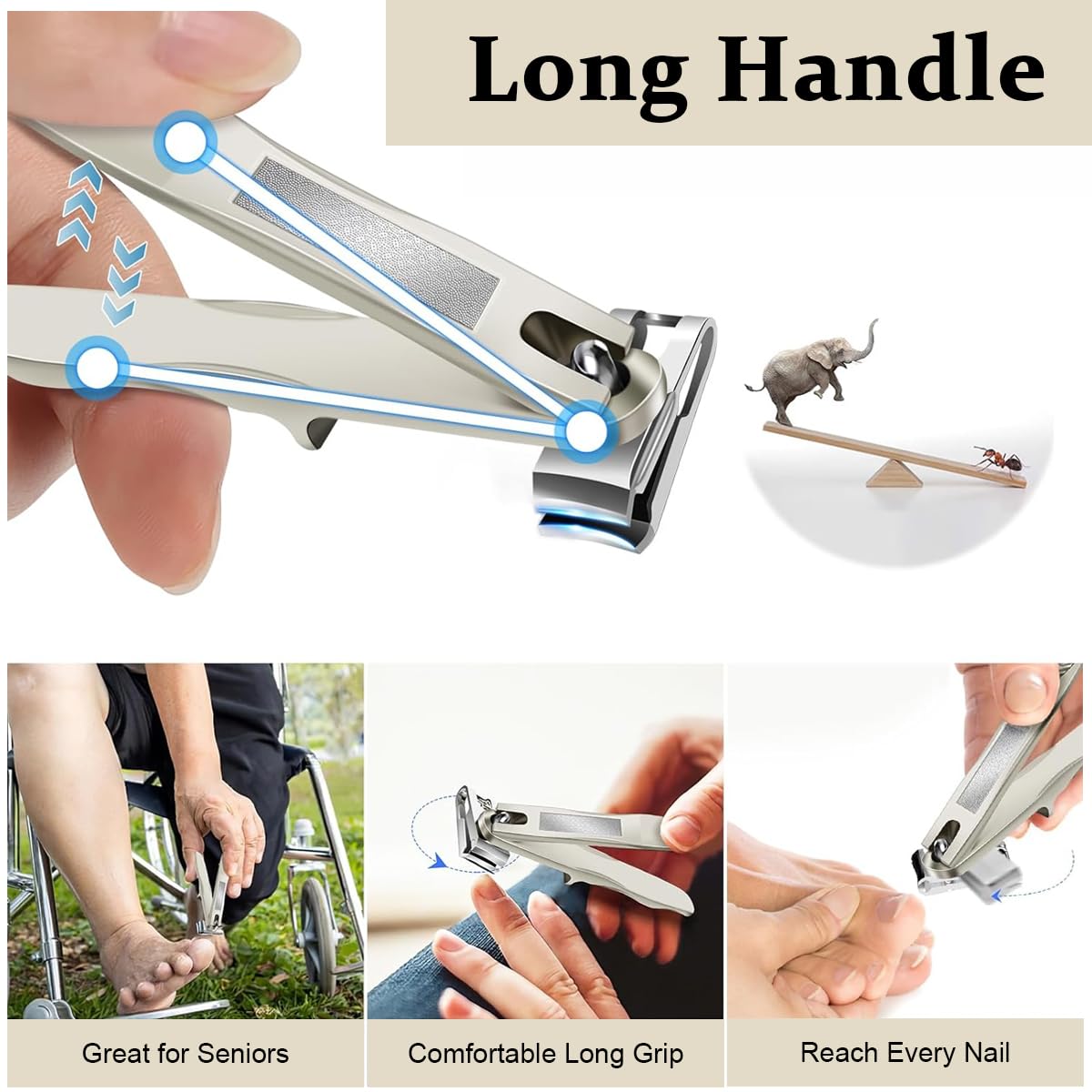 MAYCREATE Nail Clipper with 360° Rotatable Head and Long Handle Stainless Steel Cutter | Built In Nail File and PU Sleeve