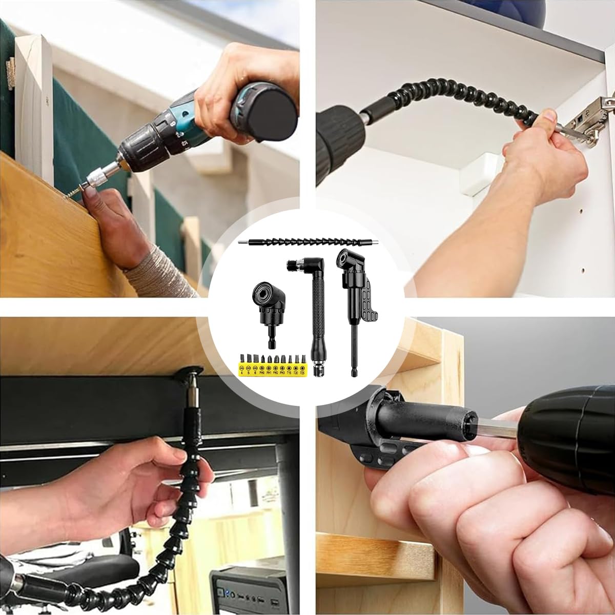 Serplex Flexible Drill Bit Extension Set with 14 pcs Accessories featuring 11.6 in Shaft | 90° and 105° Angled Attachments