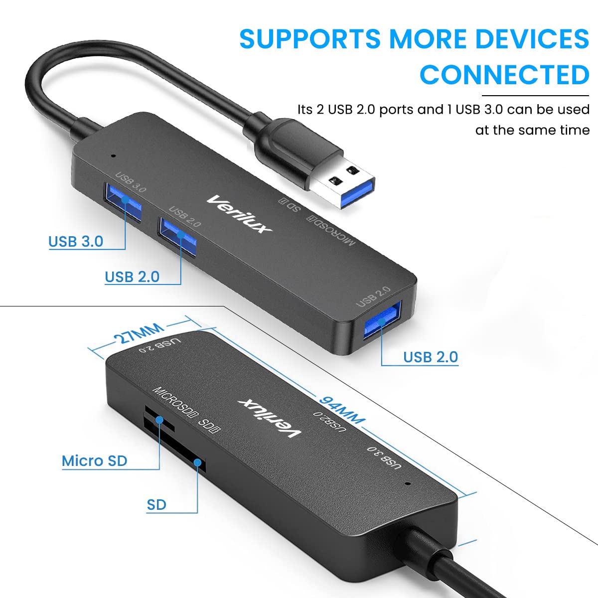 Verilux USB Hub 3.0 for PC and Laptop with 5 in 1 Ports and SD TF Card Reader | Aluminium Adapter