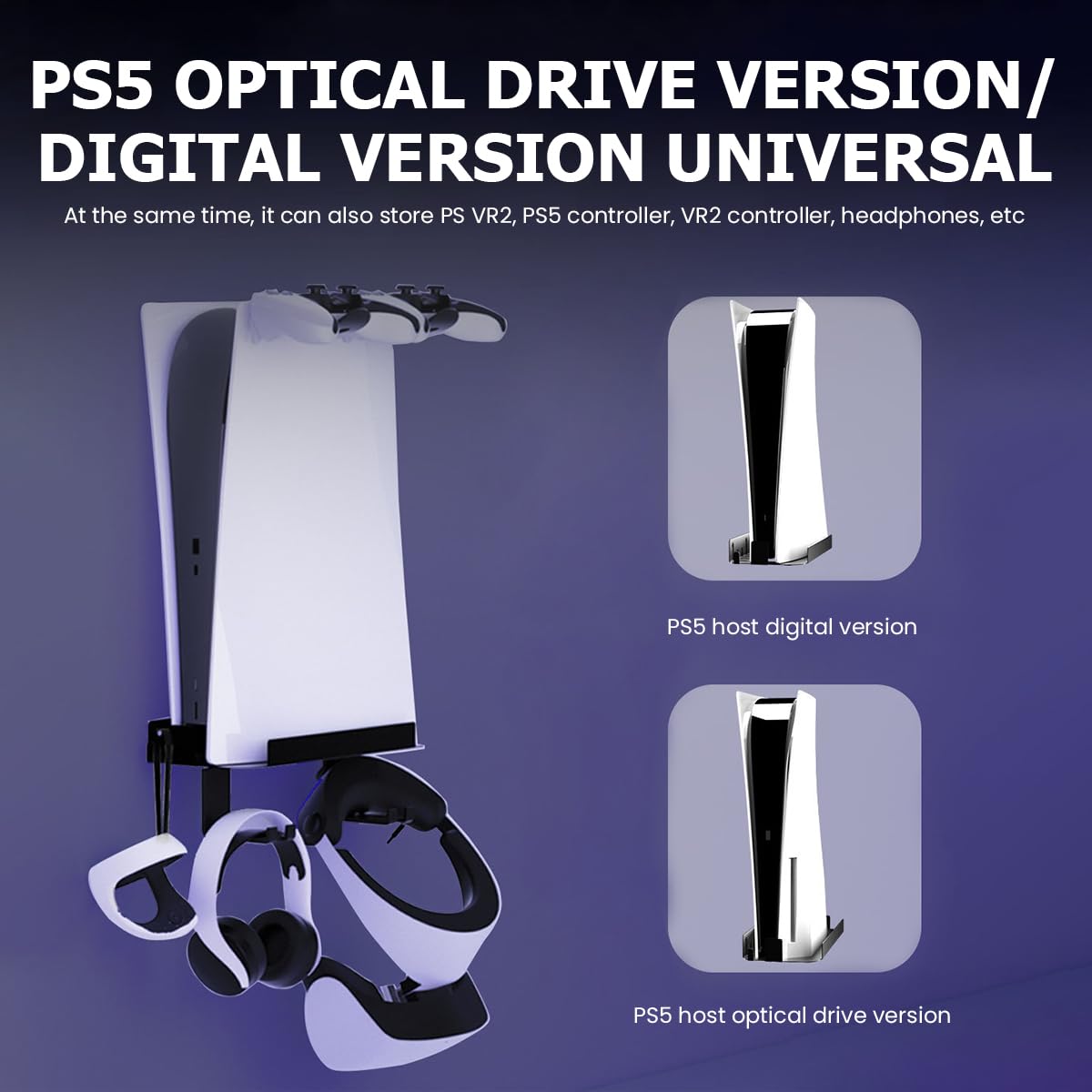 Wall Mounted Storage Bracket for PS5 Console with Screw Set and Metal Hooks | Space Saving Organizer for Controller and Headset