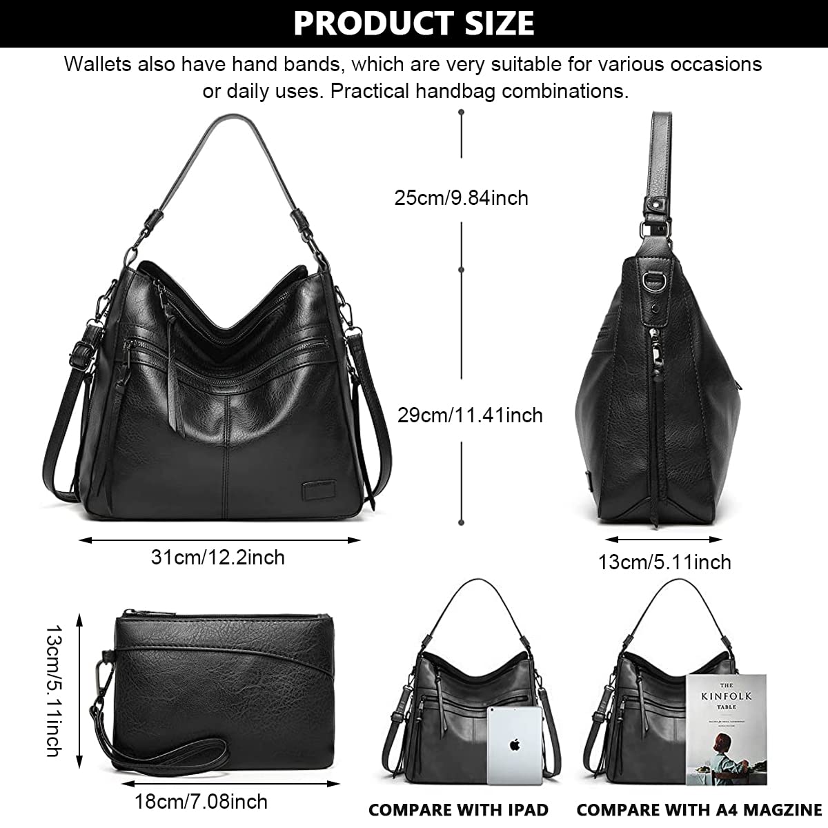 PALAY Tote Bag Purse Combo for Women with Multi Pockets and Soft PU Material | Black Shoulder Bag for Travel and Daily Use