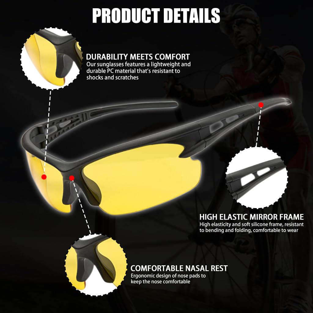Proberos Night Vision Glasses for Driving with UV400 Protection and 28g Ergonomic Design | Non Polarized Sports Sunglasses for Men and Women