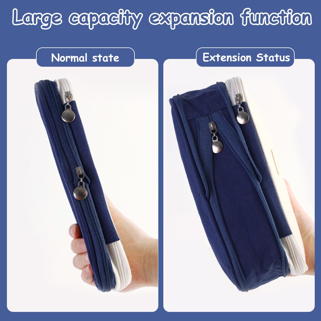 HASTHIP Pencil Pouch for Kids and College Students with Double Zipper | 22x11cm Nylon Case in Navy Blue & Khaki Black