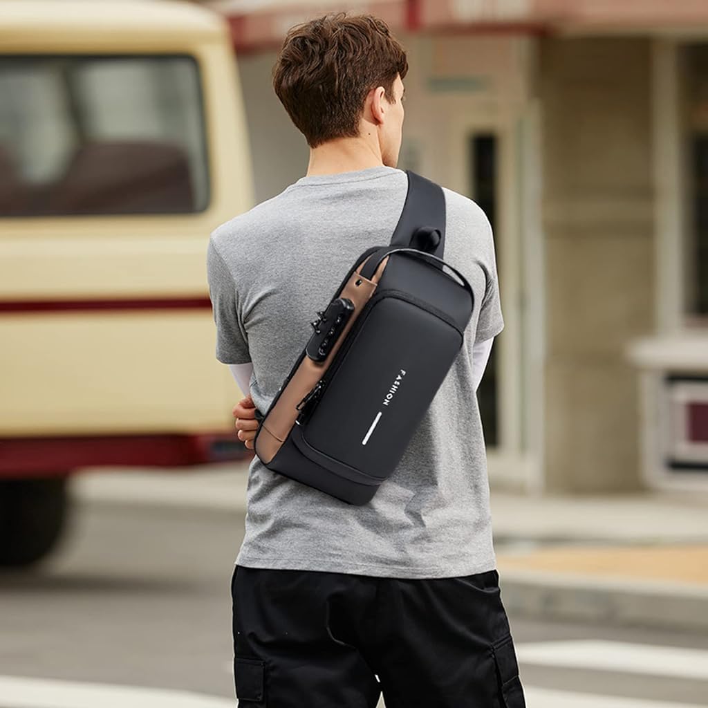 Zibuyu Sling Bag for Men with Five Zipper Compartments and Adjustable Strap in Khaki Canvas