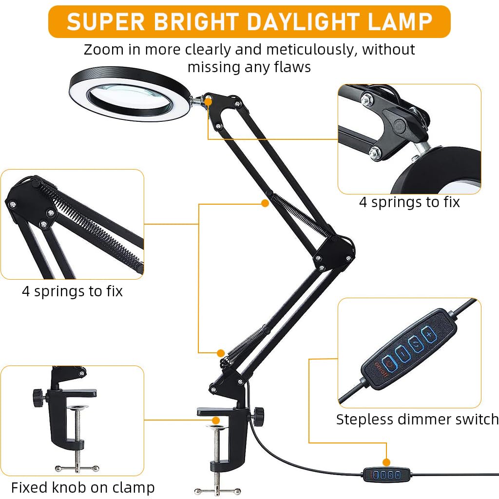 HASTHIP Desk LED Magnifier for Repairing and Crafting with 10X Lens & Flexible Arm Clamp | USB 3-Color Light