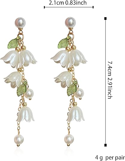 SANNIDHI® 1 Pair Drop Earrings for Women Girls Dangle Earring White Lily of the Valley Pendent Charm 2.95 inch Tassel Floral Elegance Drop Earrings Women Jewelry Gift