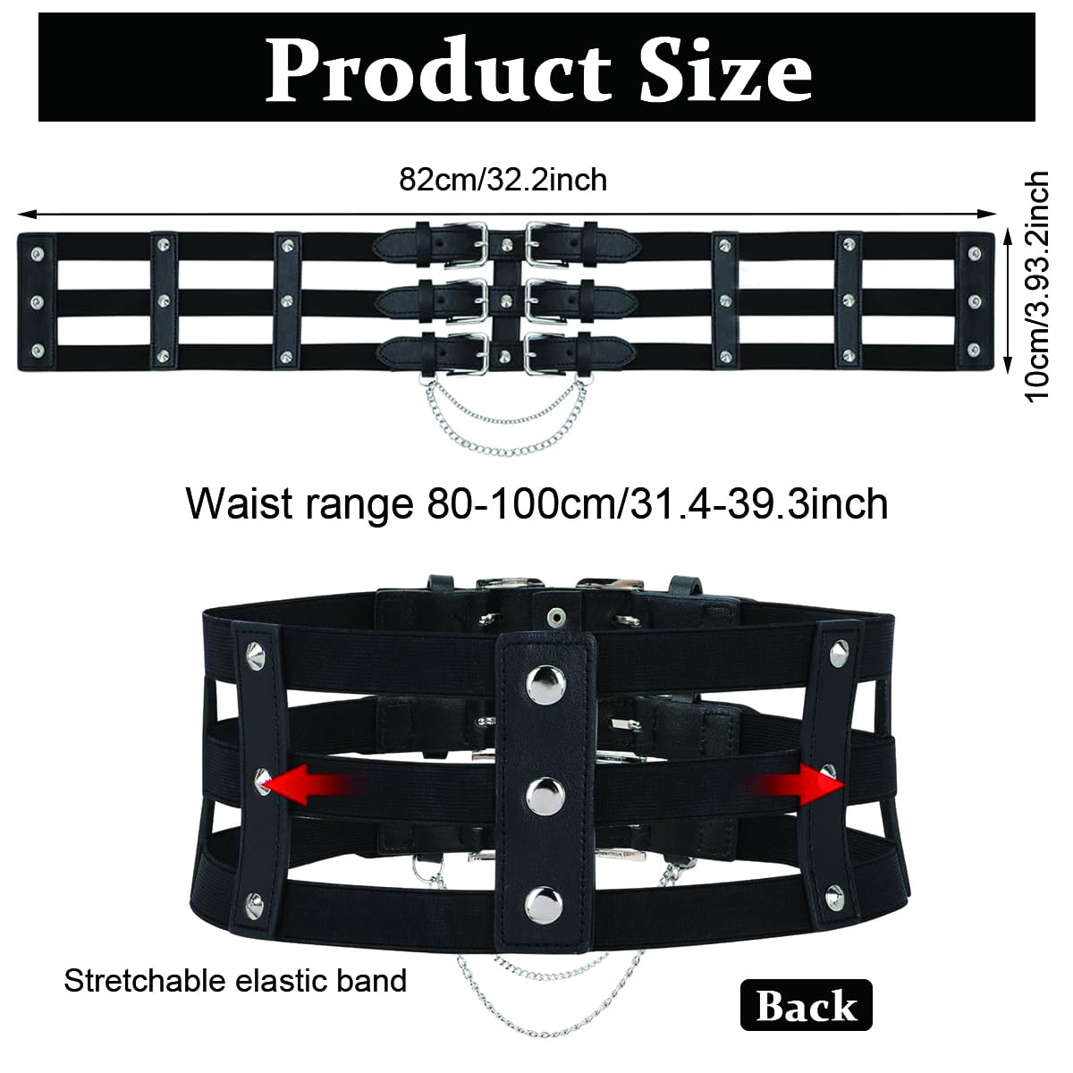 Venzina Wide Waist Belt for Women featuring Metal Chain Centerpiece 10cm Width | Elastic PU Leather Corset Style