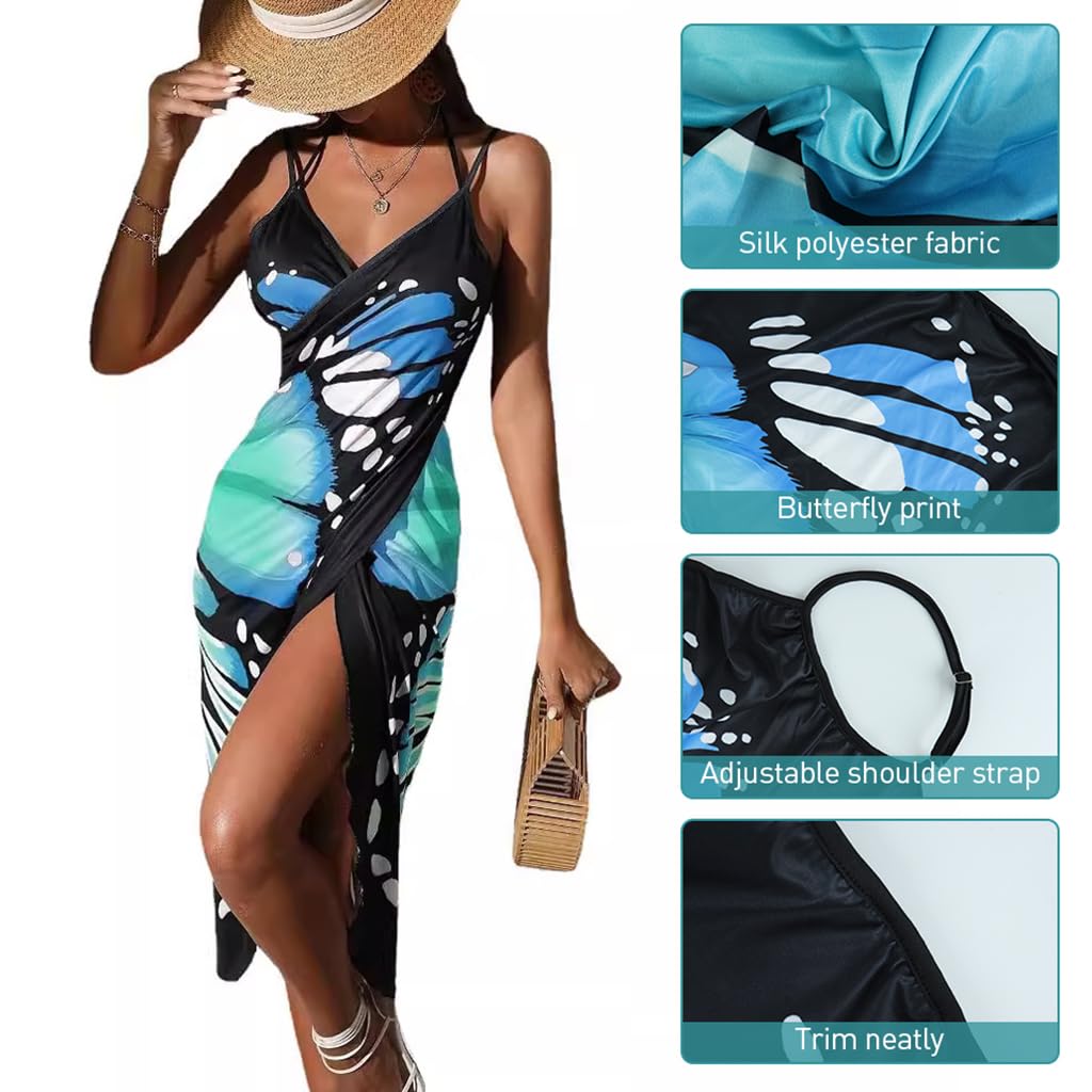 Venzina Beach Dress for Women featuring Butterfly Print and Adjustable Straps | Lightweight Silk Polyester Cover Up