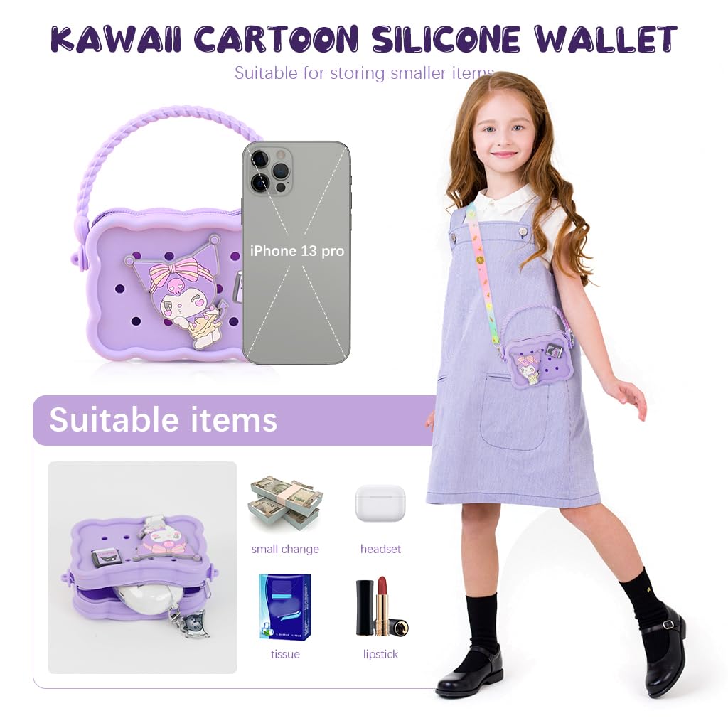 PATPAT® Kawaii Girls Bag Cartoon Kuromi Purse Bag Silicone Kids Beach Bag Mini Hand Bag DIY Charming Purple Silicone Hand Bag for Girls Birthday Gift for Kids, 12x9cm