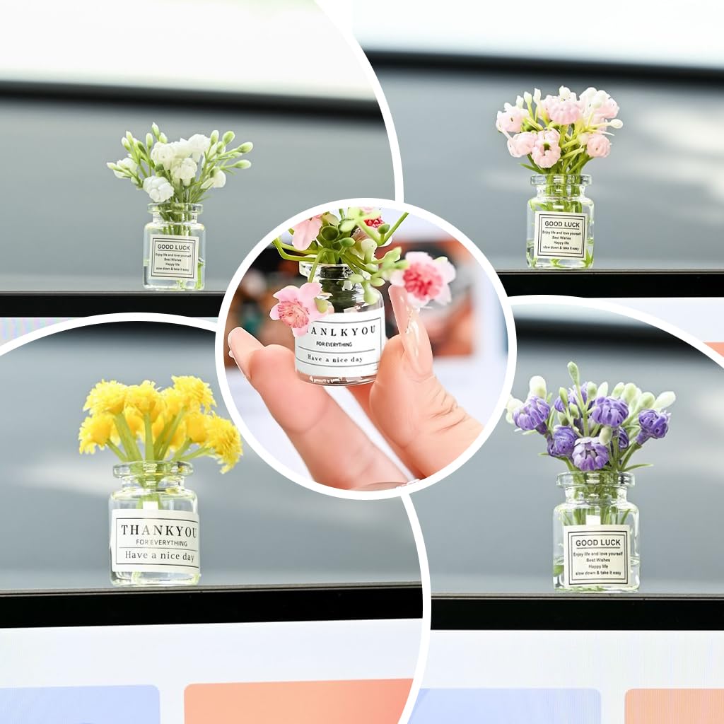 STHIRA Daisy Flower Car Accessories featuring 5 Miniature Glass Vase Dashboard Decorations