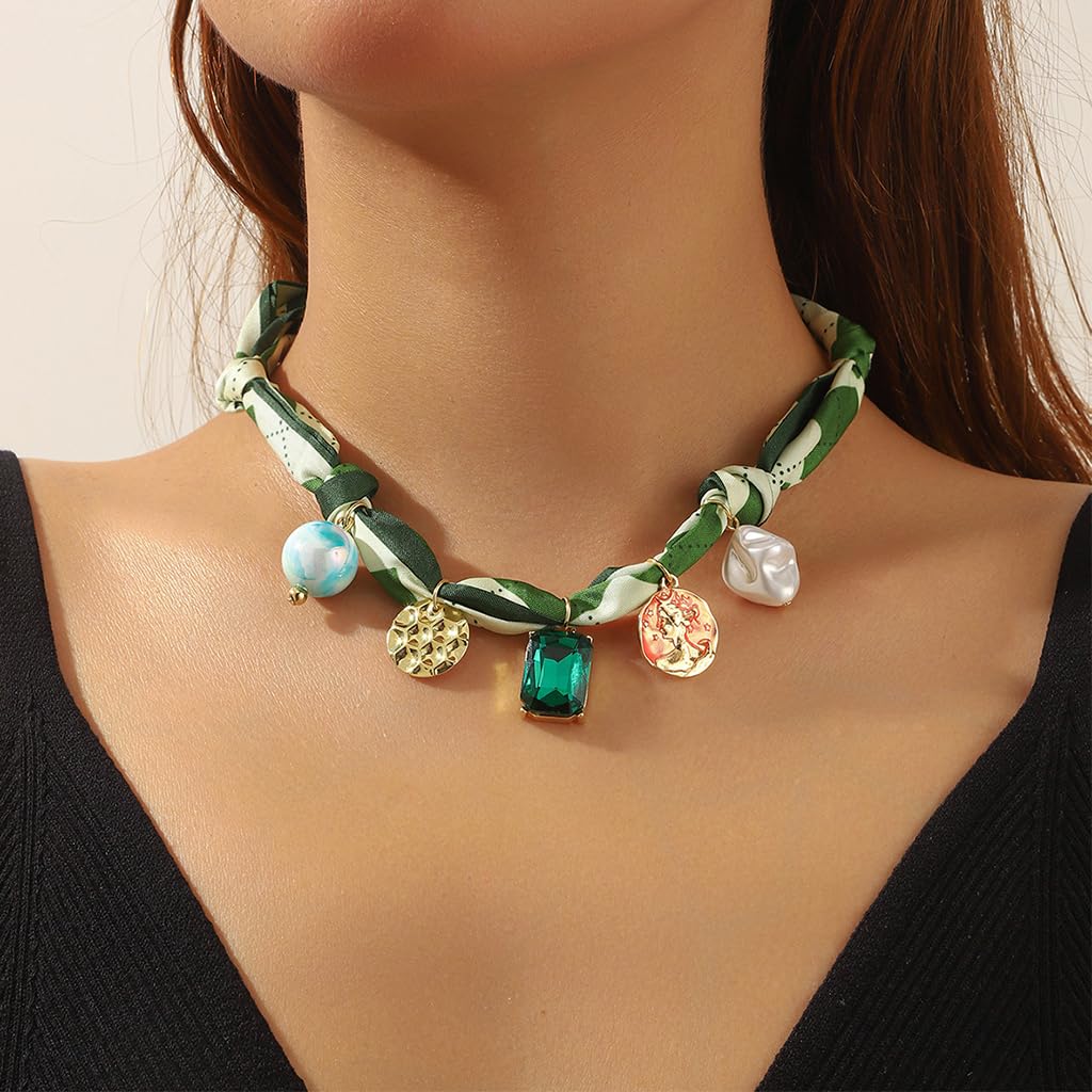 SANNIDHI Fashion Neck Scarf Charm Necklace for Women with Colorful Gem Ornaments | Silk‑Feel Retro Accessory