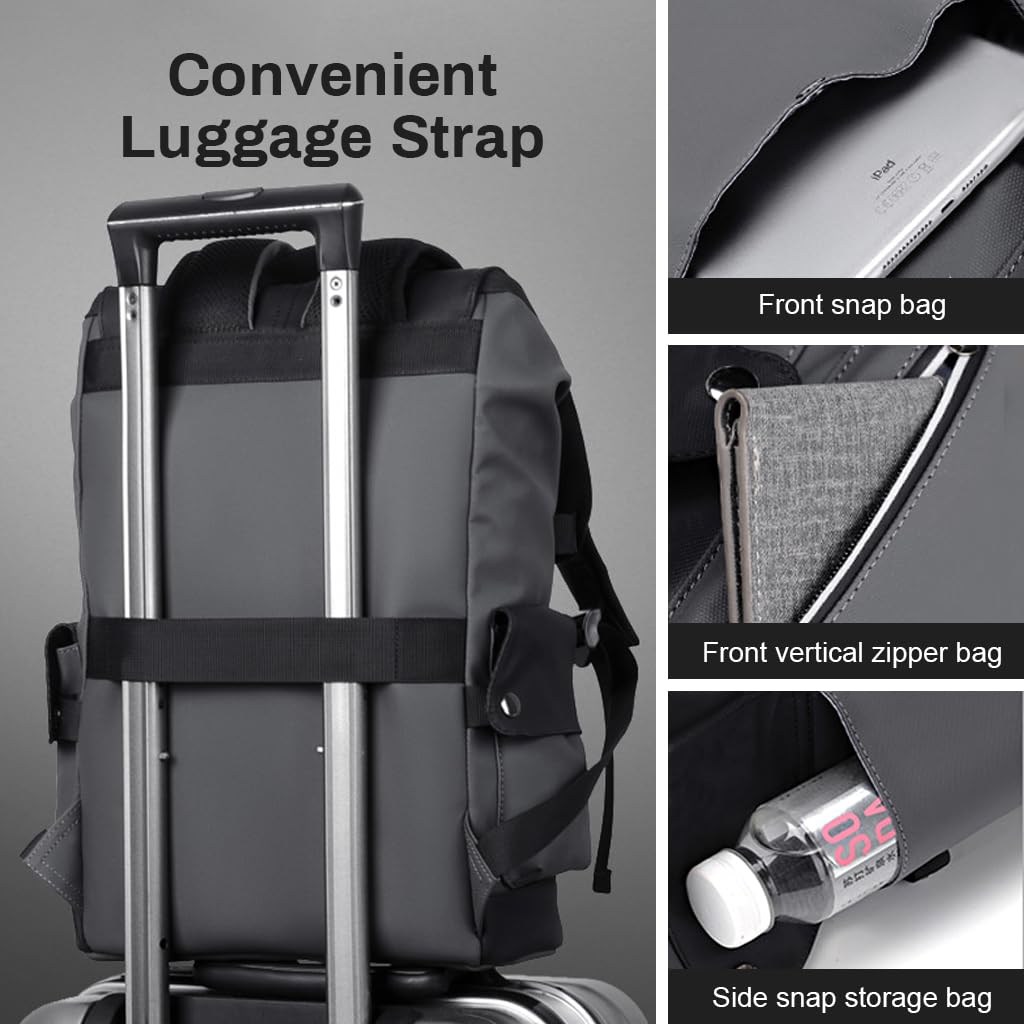 GUSTAVE Leather Backpack for Men with USB & Earphone Ports 15.6 Inch Waterproof Laptop Bag | Dark Gray Business and College Use