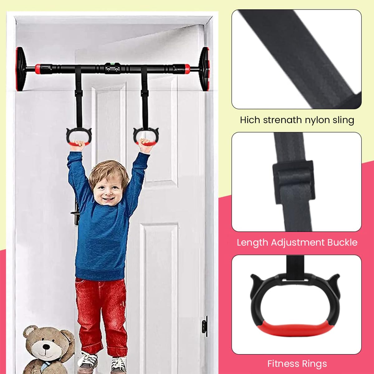 Proberos Kids Gymnastic Rings for Home Fitness with 95 cm Adjustable Nylon Strap | Rubberized Grip for Safe Training