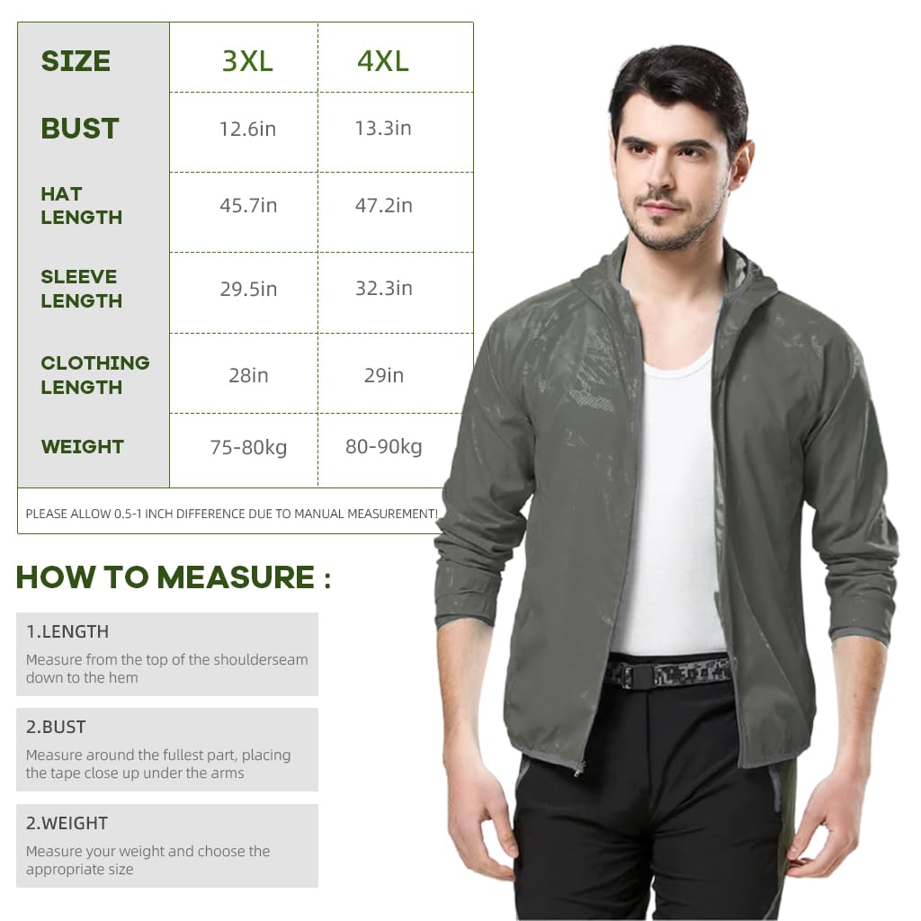 GUSTAVE® Men Waterproof Jacket Summer UV Protection Jacket Ultra Light Outdoor Hoodie Jacket Camping Rainproof Sun UV Protection Jacket Quick Dry Long Sleeve Jacket for Camping, Hiking, 3XL