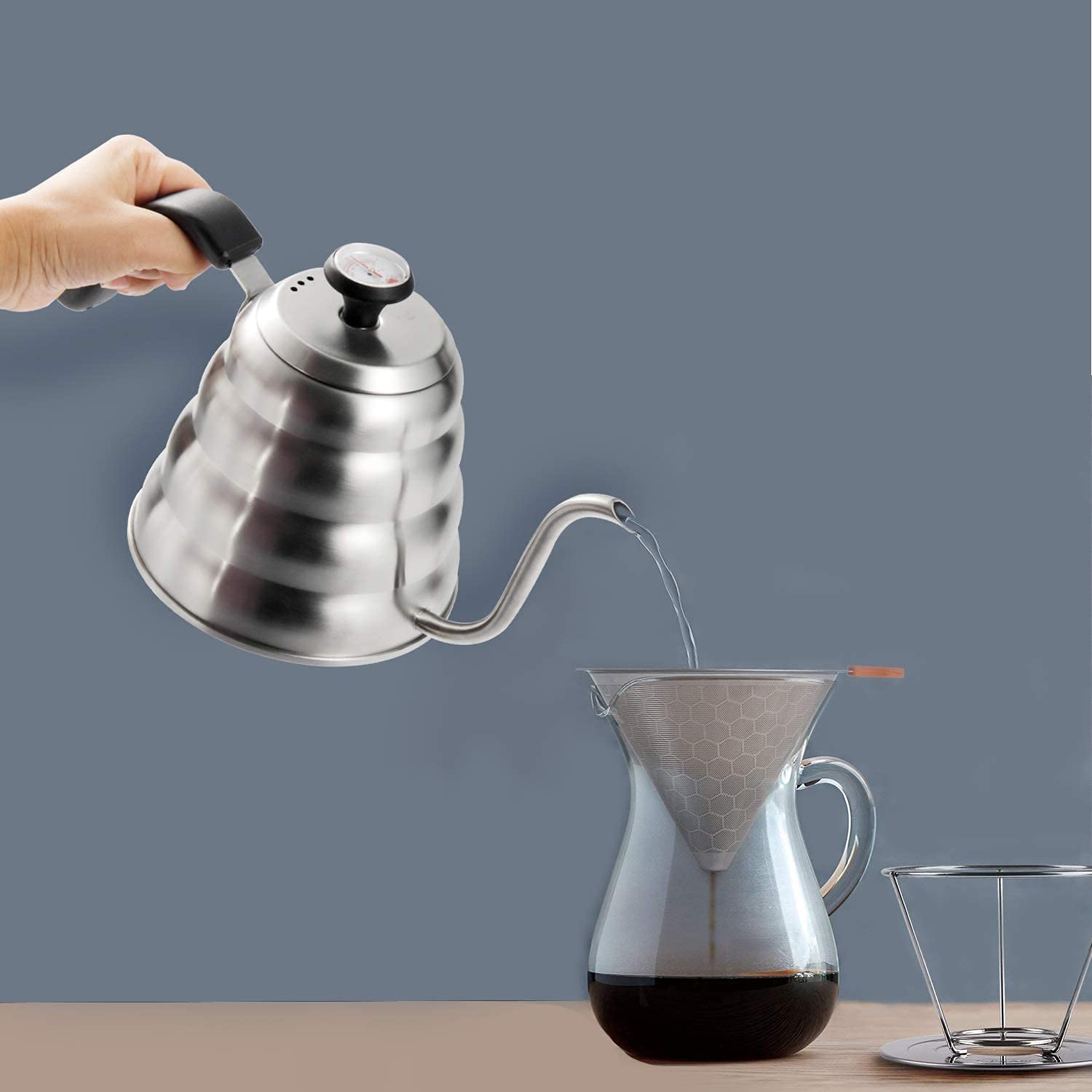 Supvox Pour Over Gooseneck Kettle for Coffee and Tea with Thermometer | 3 Layer Stainless Steel Pot