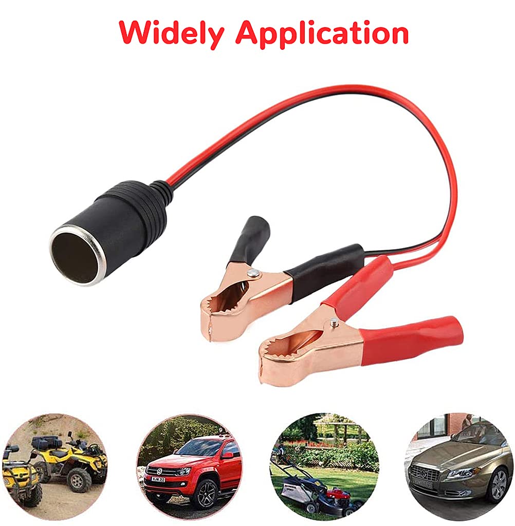 Verilux® 1FT 12V 24V Female Car Cigarette Lighter Socket to Battery Alligator Crocodile Clips Connector, Car Battery Clamp-on Extension Charge Cable