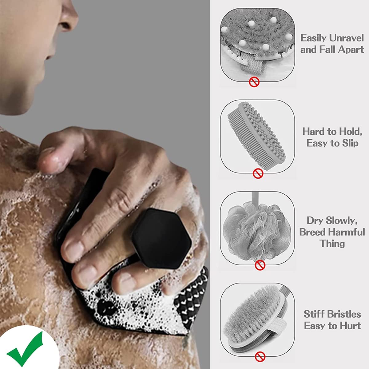 MAYCREATE Silicone Body Scrubber for Shower with Double Side Bristles and Grip Design | Purple