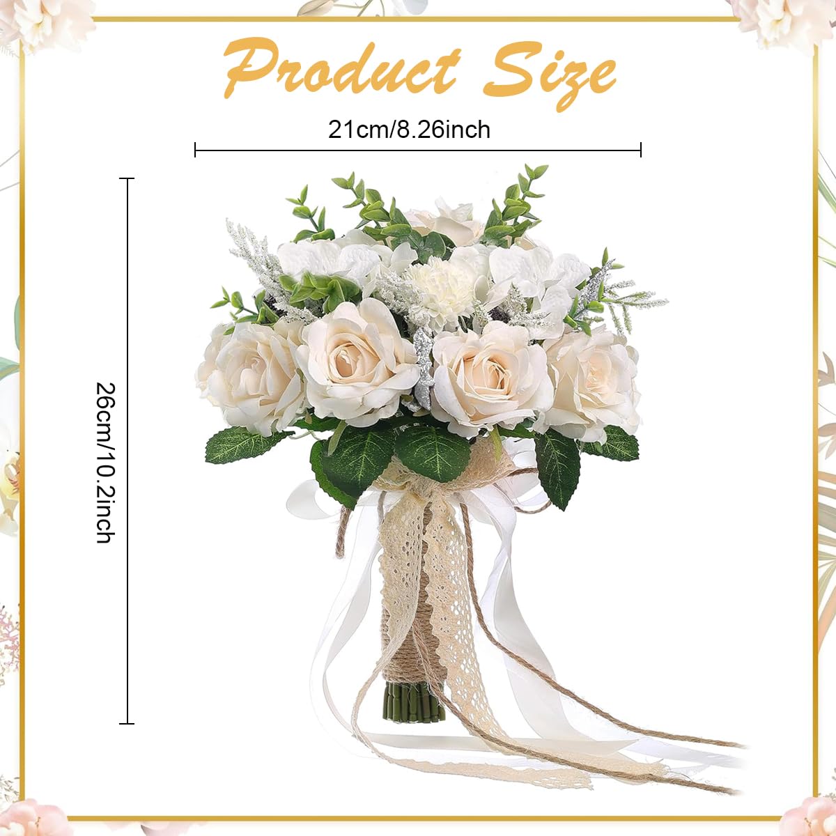 Supvox Artificial Flowers Wedding Bouquet for Bride with Lace Bowknot and White Roses 8.26x10.2 in