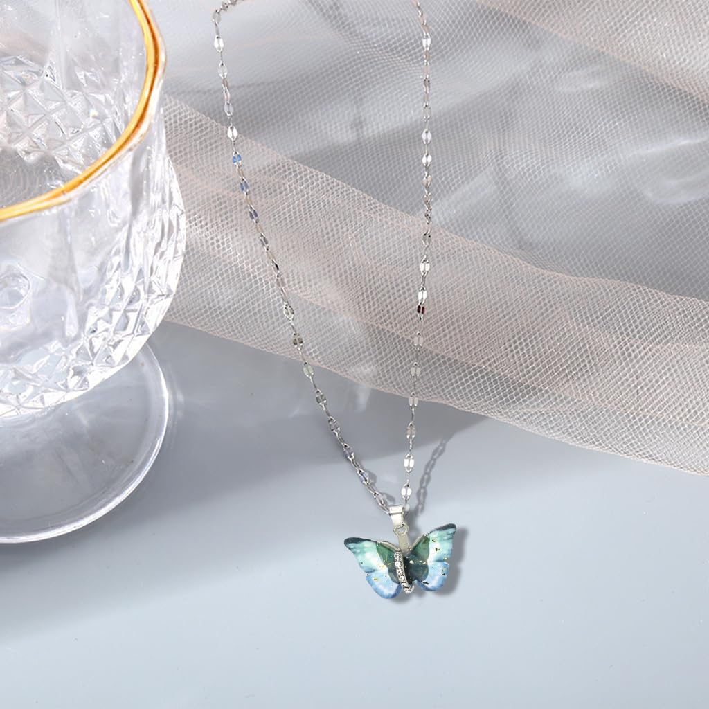 Zibuyu Butterfly Necklace for Women featuring Blue Cubic Zirconia and Adjustable 15.75+3.94 in Titanium Steel Chain