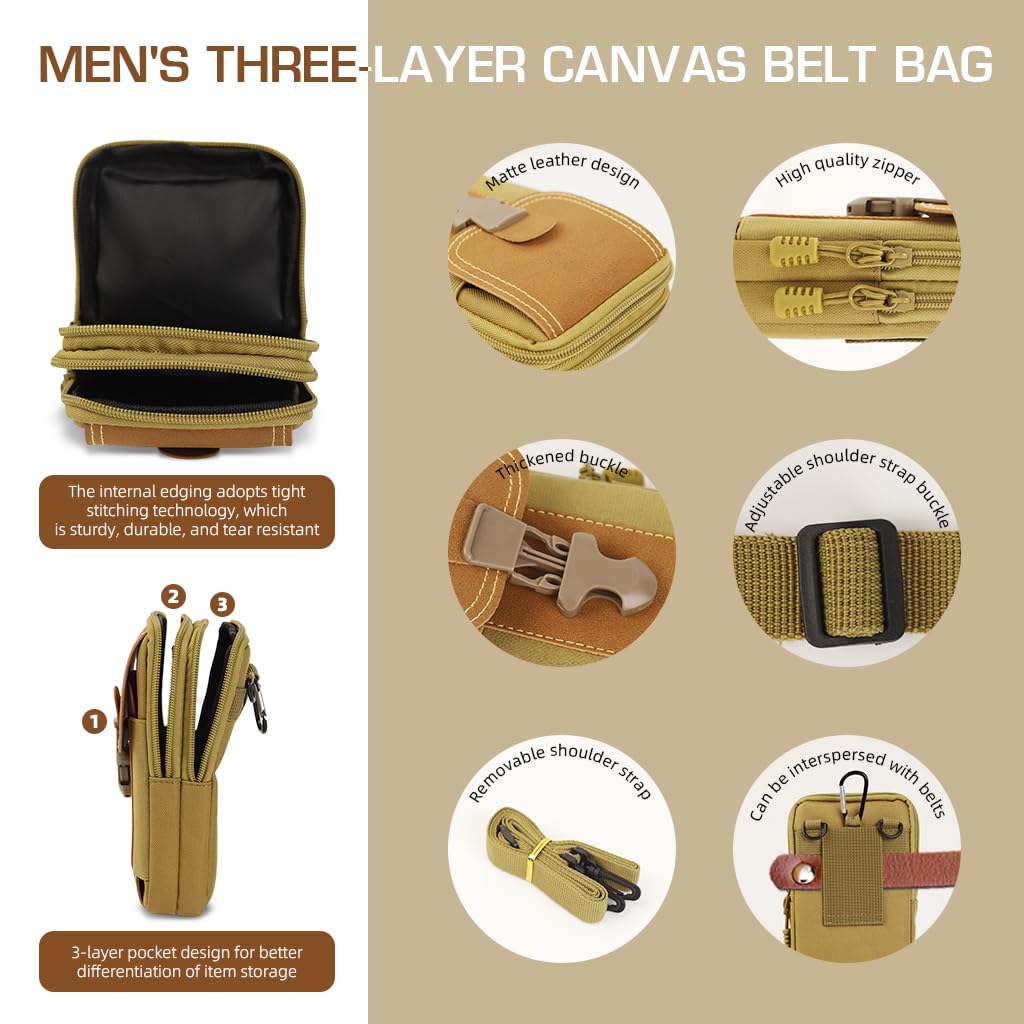 GUSTAVE Belt Pouch for Men with Triple Layer Storage and Quick Release Closure | Waterproof Canvas 6.5 in Phone Holster for Hiking and Work