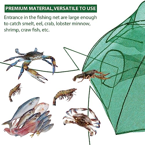 Proberos® Foldable Fishing Net Trap with Rope 6-Hole Collapsible Steel Bar Cage Automatic Folding Portable Nylon Bait for Fish Crab Lobster Minnow Shrimp Crawfish Outdoor Accessory 2 PCS