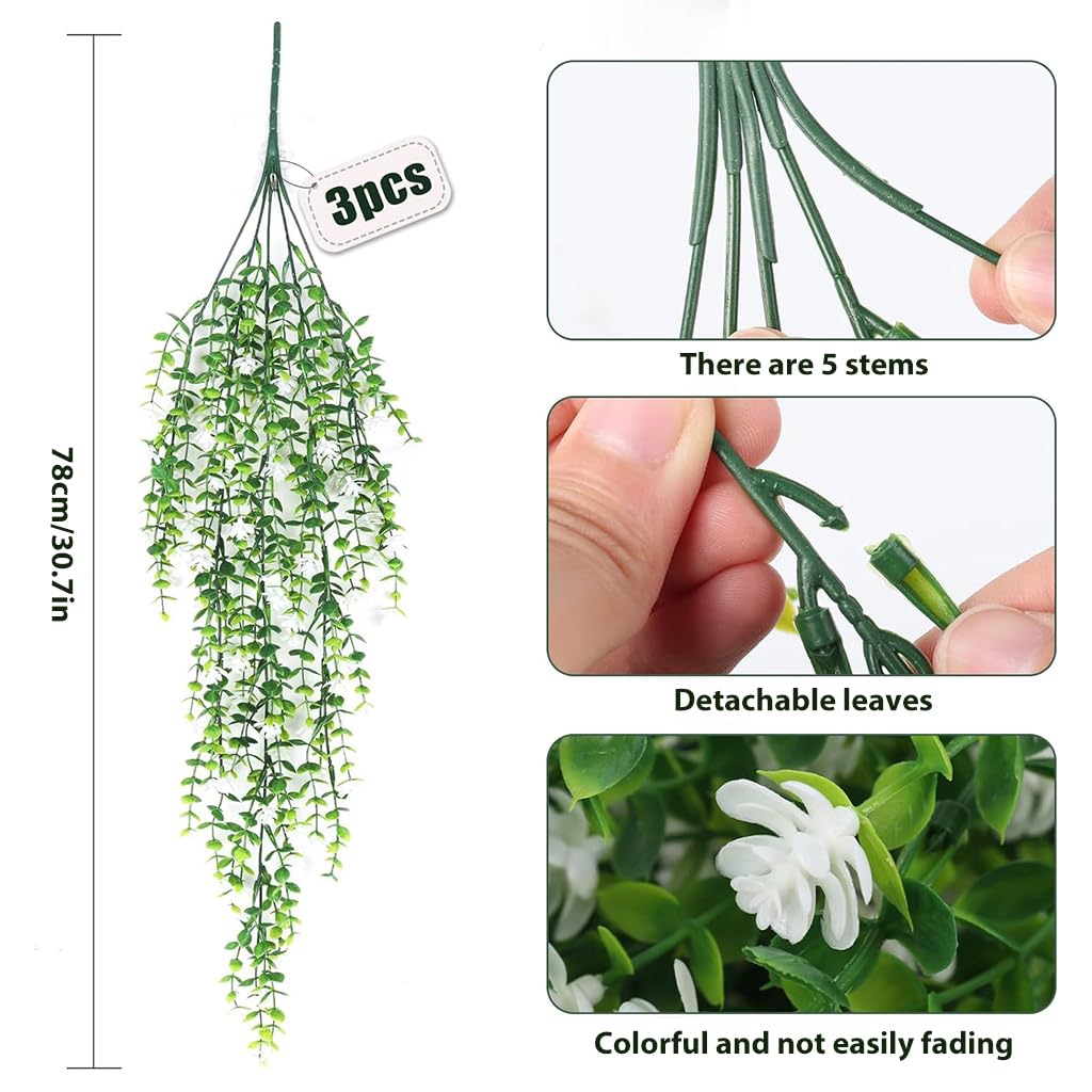 HASTHIP® 3Pcs Realistic Eucalyptus Flower Vine Balcony Flower Decor 30.7 Inches Realistic Flower Hangings Wall Decoration Artificial Eucalyptus Flower Vine Home Decoration Garden Decorative Flower