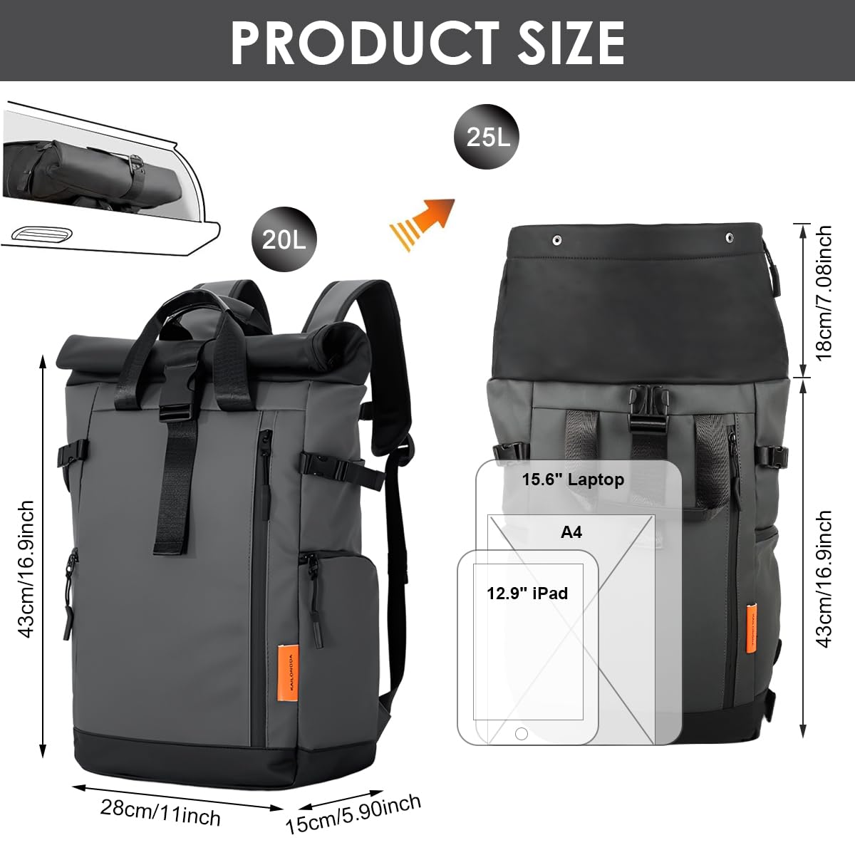 GUSTAVE Backpack for Travel with Roll Up Closure and 20 25L Expandable Waterproof Oxford Design